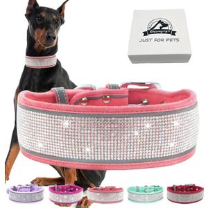 Bling Diamond Dog Collar for Females Girls,Soft Velvet Leather with Fancy Sparkly Crystal Rhinestones,Reflective Stripe,Suit Medium Large Dogs (Pink, L) (L:2 Inch Wide Adjust:20''-24'' Fits:Large Dogs)