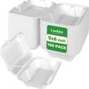 Lucklot 100 Pack 9×6 Inch To Go White Disposable Clamshell Take Out Containers with Lids, Compostable and Eco-Friendly Biodegradable Bagasse Rectangle Togo Takeout Lunch Boxes for Food
