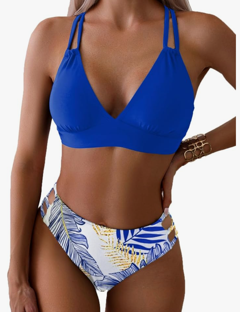 Tainehs Women's Push Up V Neck Bikini Sets Criss Cross Back Two Piece Bathing Suit, S