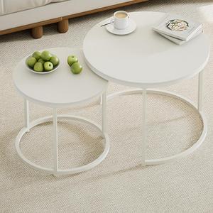 Nesting Coffee Table Set of 2,Round Accent Center Table with Steel Frame for Living Room,Modern Circle Coffee Tables for Living Room Bedroom Balcony,White,60x45cm