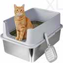High Sided Stainless Steel Cat Litter Box, XL Extra Large Metal Litter Box for Big Cats, Non-Stick & Anti-Odor, Anti-Urine Leakage, Easy to Clean, Includes Scoop