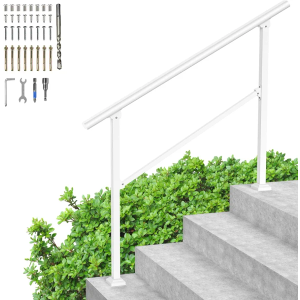 Handrails for Outdoor Steps, 3 Steps Wrought Iron Stair Railing for Concrete Steps, DIY Installation Kit Deck Handrail for Garage, Porch, Garden Outdoor & Indoor (1 to 3 Steps White)