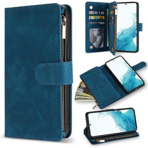 ZZXX for Samsung Galaxy S22 Case Wallet with Card Slot Premium Soft PU Leather Zipper Flip Folio with Wrist Strap Kickstand Protective Case (Blue-6.1 Inch)