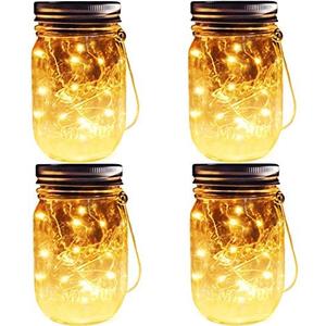 Solar Mason Jar Lights, 4 Pack 30 LEDs Waterproof Fairy Firefly String Lights Build-in Glass Mason Jar, Best Patio Garden Decor Solar Hanging Lanterns Outdoor Warm White (4 Pack-Mason Jars Included)