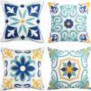 Pyonic Outdoor Waterproof Throw Pillow Covers Set of 4 Floral Printed and Boho Farmhouse Summer Outdoor Pillow Covers for Patio Funiture Garden 18x18 Inch Blue