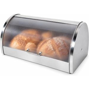 Oggi Stainless Steel Roll Top Bread Box for Kitchen Countertop with Frosted Plexilass Lid - Fits Multiple Loaves of Bread and Other Freshly Baked Goods Including Cookies, Bagels, Muffins, 15-inch By 7-1/4-inch By 1-inch