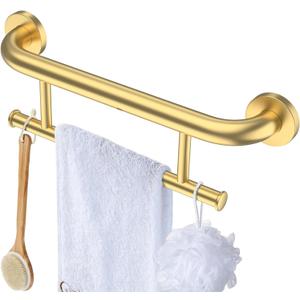 Brushed Gold Grab bar 17 inch - 1.25 Diameter, Zepolu 2-in-1 Bath Towel Bars for Bathroom, Stainless Steel Safety Assist Bar Balanced Support Handle, Wall Mounted Towel Grab Bars for Senior Handicap