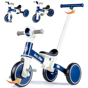 LOL-FUN 5 in 1 Toddler Tricycles for 1-3 Year Olds Boys Girls Toy with Parent Steering Push Handle, Baby Balance Bike 1 Year Old Kids Gift (Blue)
