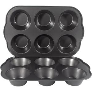 Non-Stick Jumbo Muffin Pans, 3.5" 6-Cup Set of 2 Baking Pans, Heavy Duty Carbon Steel Tins for Extra-large Muffins & Cupcakes