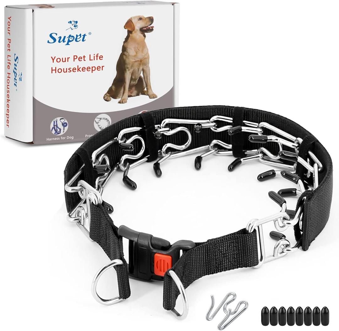 Supet Dog Prong Collar, Dog Choke Collar Adjustable Dog Pinch Collar with Quick Release Buckle/Nylon Cover for Small Medium Large Dogs (L (Neck:18''-20'' Weight Around:70 lbs), Black)