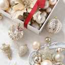 54ct Champagne Gold Christmas Ball Ornaments, Assorted Shatterproof Christmas Decorations Bulk Elegant Hanging Bulbs Ornaments with Artificial Christmas Flowers for Xmas Tree Holiday Party Decor