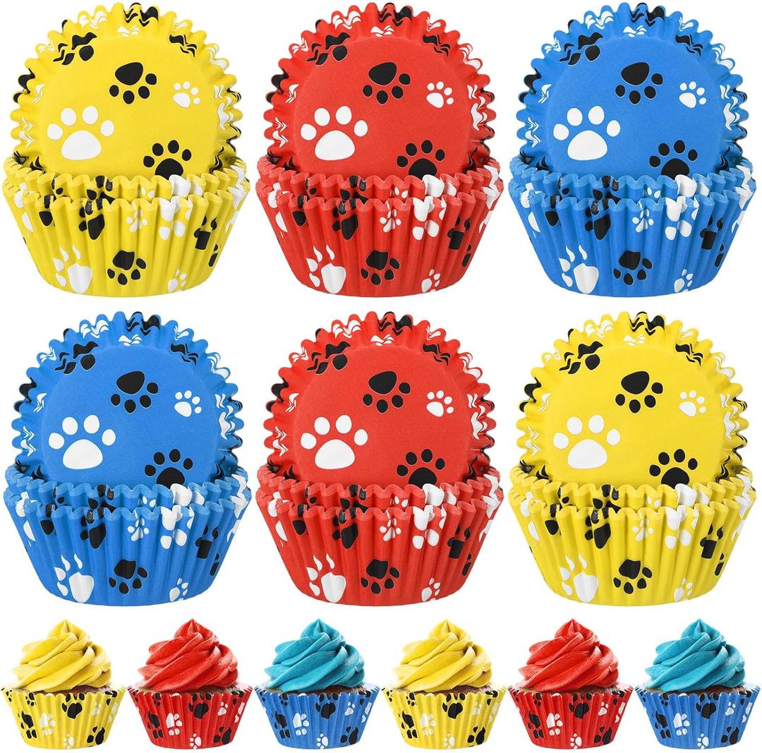 200 count Paw Bone Cupcake Liners Dog Wrappers Paw Pattern Cup Cake Holder Puppy Dog Theme Cupcake Wrappers for Baby Shower Birthday Party Supplies(Blue Red Yellow)