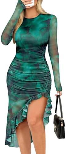 Pink Queen Women's Sexy Mesh Bodycon Dress Fall Long Sleeve Asymmetric Hem Ruffle Floral Print Party Club Ruched Midi Dresses, S