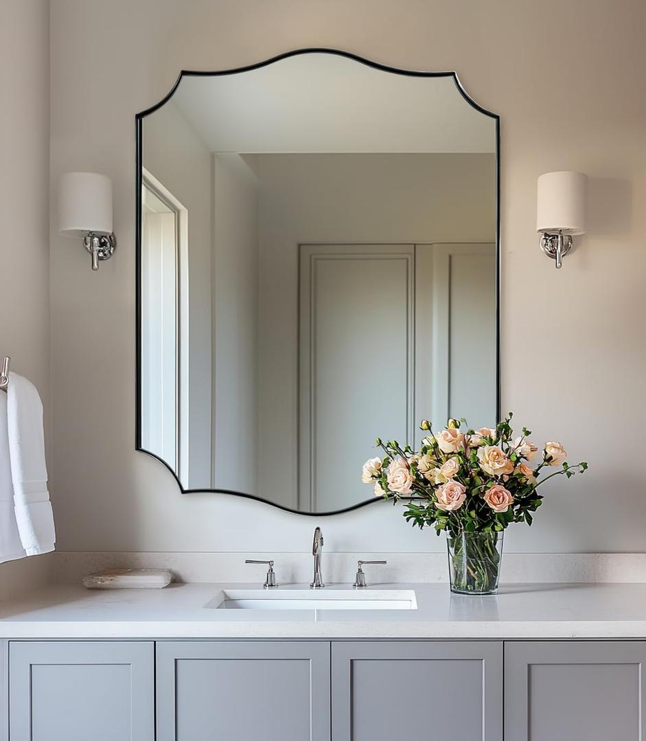ANDY STAR 28x36 Inch Brushed Nickel Mirror, Scalloped Bathroom Mirror for Wall, Silver Vanity Mirror with Rust-Proof Stainless Steel Frame, Sophisticated Curved Design Ideal for Home Remodel