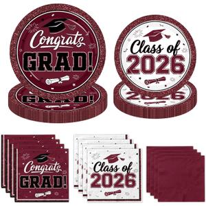 Graduation Plates and Napkins 2026, 200pcs Maroon and White Graduation Decorations Class of 2026 Grad Congrats Maroon Paper Plates and Napkins Party Supplies for Graduation Party Favors,Serve 50