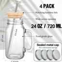 24 oz Mason Jar Cups with Handles, Wide Mouth Iced Coffee Cup with Bamboo Lids & Straws, Large Glass Bottle Mug Drinking Jars Tumbler for Smoothie Cold Water Juice Party Beverages, Set of 4