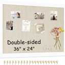 Double-Sided Large Cork Board with Linen, 36" x 24" Hanging Wood Framed Bulletin Board, Picture Display Vision Board Corkboards for Wall Room School Office Decor, 20 Pushpins,1pack (Cork+beige - 1pcs)