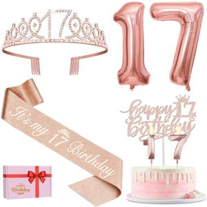 17th Birthday Decorations for Girl, Including 17th Birthday Tiara and Sash, Cake Topper and Candles, Number Balloons, Greeting Card, 17 Year Old Gifts for Girls