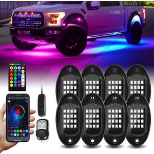 8 Pods RGB LED Rock Lights with APP/RF Remote Control High Brights Waterproof Underglow Multicolor Zone Neon Exterior Rock Lights for 12V Trucks Jeep UTV ATV RZR Offroad Pickup SUV Accessory