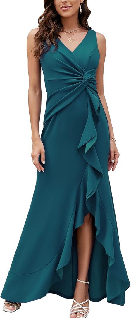 FQA Formal Evening Dresses for Women Elegant Evening Party Prom Dress Long Sexy V Neck Sleeveless Split Wrap (Large, Peacock Blue)
