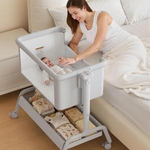3-in-1 Baby Bassinet, Rocking Bassinet, Bedside Bassinet for Baby, Stable and Secure Bassinet Bedside Sleeper for Newborn & Infant, 6 Height Adjustable with Wheels, Mattress & Breathable Mesh | Rocking bassinet, 6 Adjustable Heights, Incline bassinet, Storage Basket, Smooth-Rolling Wheel, Comfy Mattress (Light Grey)