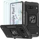 for Google Pixel 7 Case, Case for Google Pixel 7 with 3 Pcs Tempered Glass Screen Protector, Built in Magnetic Ring Kickstand Military-Grade Hard PC TPU Hybrid Shockproof Aromr Cover - Black