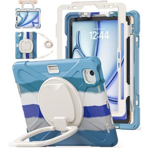 BATYUE Case for Air 11-inch M4 (2026)/ M3 (2025)/ M2 (2024), iPad Air 5th/4th 10.9 inch(2022/2020), iPad Pro 11" 4th/3rd/2nd/1st Kid Cover with 360 Rotating Stand, Pencil Holder, Strap, Blue (06-Colorful Blue)