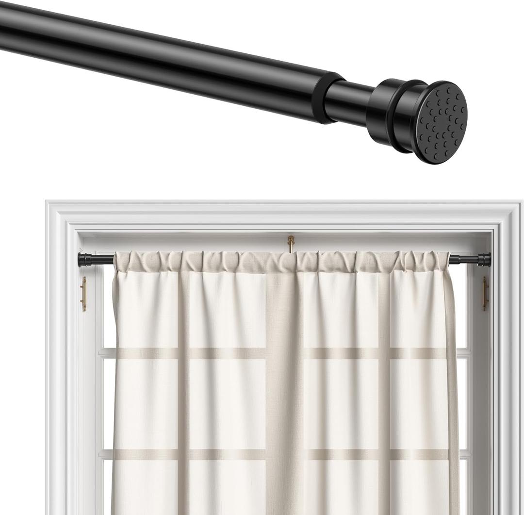AIZESI Curtain Rods No Drilling for Windows 28 to 48 Inches,1/2 Inch Diameter No Drill Curtains Rod Renter Friendly Drapery Rod, Curtain Rods for Windows No Drilling, Black 1Pack