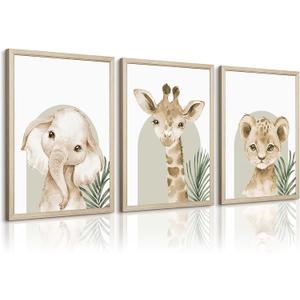 Animal Wall Art Pictures Baby Nursery Canvas Wall Art Decor Safari Animal Prints Jungle kids Wall Art Woodland Nursery Wall Decor Giraffe Jungle Poster for Room 16x24 Inch Wood Framed Set of 3