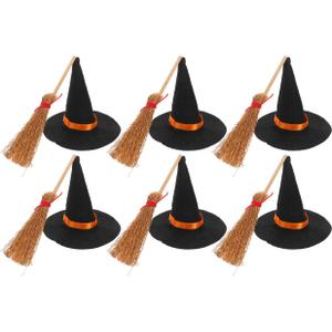 IMIKEYA Mini Witch Hat Broom: 12PCS Miniature Small Witch Hats Crafts Halloween Witch Hats and Brooms for Halloween Doll House Wine Bottle Party Decor Bar Home Table Decoration
