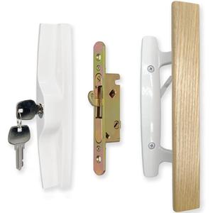 Sliding Patio Door Handle Set with Mortise Lock, Key Cylinder and Face Plate, Wood Handle Lock Set Fits Door Thickness from 1-1/2" to 1-3/4", 3-15/16" Screw Hole Spacing, White (with Key + no Keeper)
