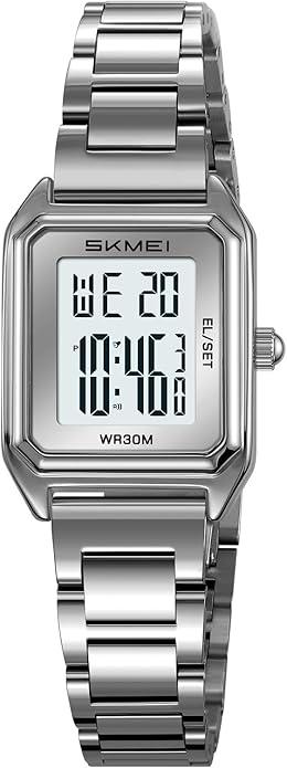 MASTOP Gold Digital Watch for Women Square Stainless Steel Waterproof LED Watch with Date, Alarm, Stopwatch, Countdown (Silver White)