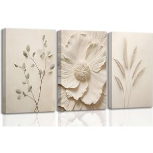 3Pcs Neutral Beige Floral Plant Canvas Wall art Textured Flower Botanical Painting Picture Wall Decor Vintage Blossom Poster Prints for Living Room Bedroom Bathroom Decoration, 16x24in-canvas