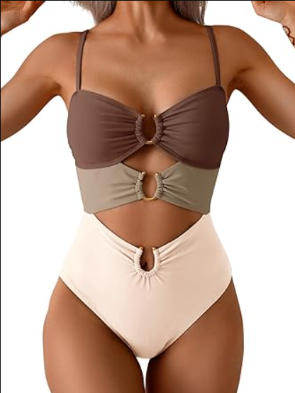 Eomenie One Piece Swimsuit for Women Ring Linked Monokini Sexy Bathing Suit Cutout Swim Suit, color brown color block, Size XL