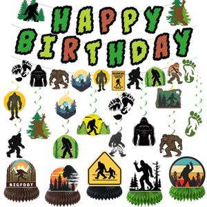 Bigfoot Party Decorations Bigfoot Birthday Party Decor Supplies Includes Happy Birthday Banner Hanging Swirls Honeycomb Centerpiece for Kids Man Sports Fan Birthday Party