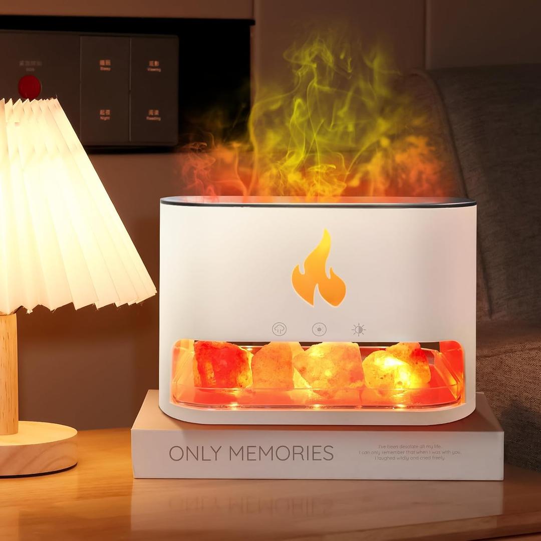Himalayan Salt Essential Oil Diffuser with Flame Effect 150ML Aromatherapy Water Diffuser, Colorful LED Night Light & Humidifier with Timer, Perfect for Home, Large Room, Auto Shut-Off (White)