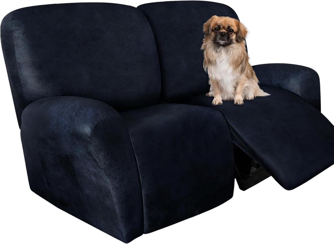 ANARACHON Loveseat Recliner Cover Leather Look Recliner Loveseat Covers Recliner Sofa Cover for 2 Seater Reclining Couch Spandex Fabric Washable 6 Pieces (2 Seater, Navy)