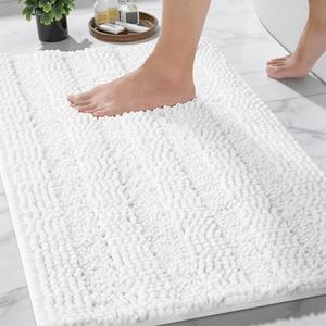 Yimobra Bathroom Rug Mat, Non Slip and Super Absorbent Bath Mat, Machine Washable Quick Dry, Ultra Plush Chenille Shower Rugs for Bathroom Floor Sink Tub and Shower Outside, White, 24 x 17