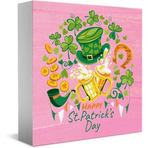 Happy St. Patricks Day Wooden Box Sign, Spring Decor, Country Style Lucky Clover Green Top Hat, Beer Mug, Horseshoe, Gold Coin Pattern Desk Decorate, Home Desk Office Decor 5 x 5 Inches
