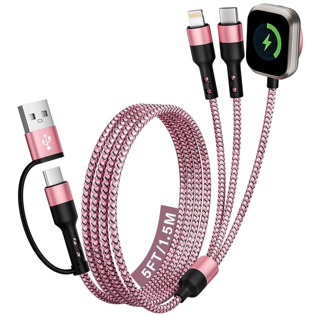 Travel Essentials & Car Accessories, 3 in 2 Multi Charging Cable USB C Multiple Travel Charger, USB A/C to USB C/iWatch Charger/IP, for iWatch Series/Ultra/SE& iPhone 17-8/Galaxy S26/25/Note/iPad-5FT