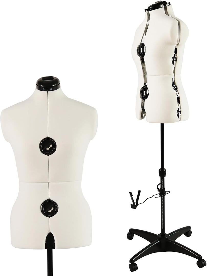 Beige Adjustable Dress Form Mannequin for Sewing Female Size 6-14, Pinnable Model Body with 13 Dials, Detachable Casters, 42.5"-60" Height Range for Clothing Display, Small to Medium