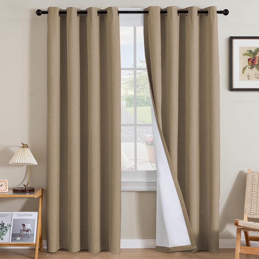 H.VERSAILTEX Linen Curtains 100% Blackout Curtains for Bedroom 102 inch Long Full Light Blocking Nature Linen Blended Window Curtains for Living Room Nickel Grommet (2 Panels, Heathered Macchiato)