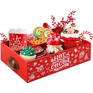 Christmas Hot Cocoa Bar Wood Storage Organizer Hot Chocolate Bar Accessories 4 Compartment Xmas Decoration Wood Bin Rustic Farmhouse Storage Box for Home Kitchen Party Holiday Supplies (White Pattern)