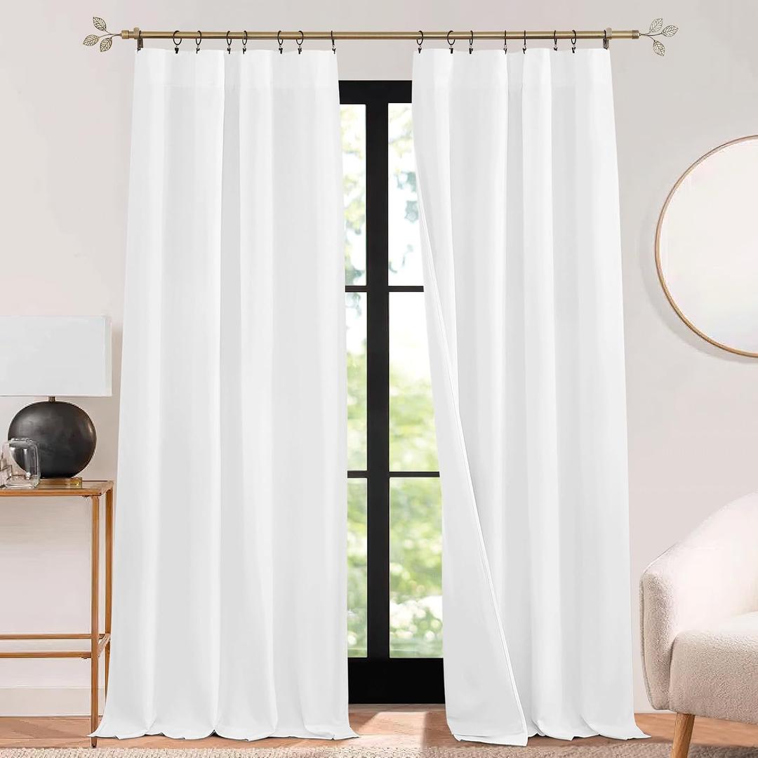 RYB HOME 3 in 1 Soundproof - Blackout - Insulation Linen Curtains, Noise Blocker Energy Saving Curtains for Bedroom Living Room Door Drapes Studio Home Office, White, W52 x L108 in, 2 Panels