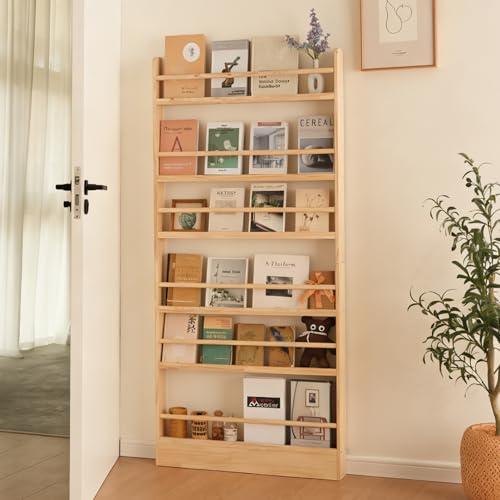 Baveke Kids Bookshelf, 6 Tier Shelves Behind The Door Book Shelf Storage, Children's Solid Wood Bookcase, Wall Mount Bookshelf for Bedroom, Living Room, Nursery (FSC-Certified Wood)