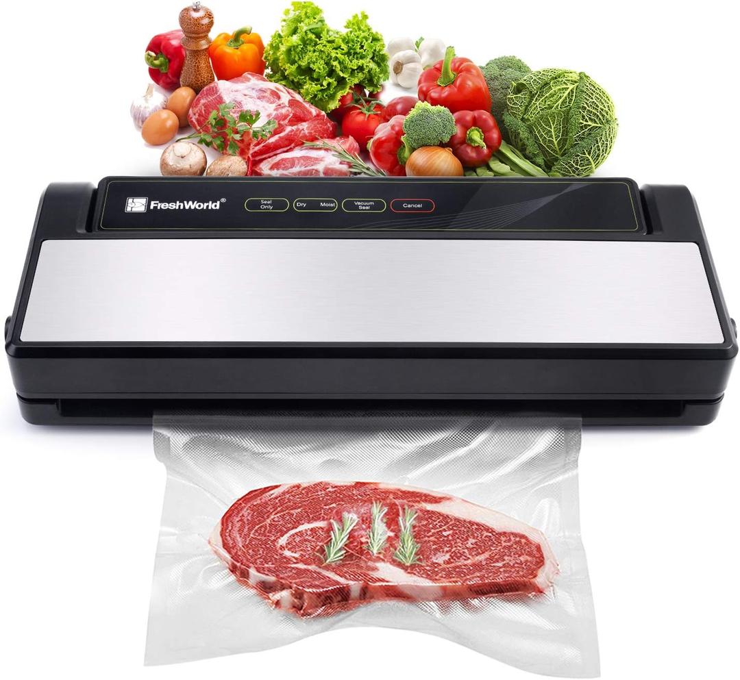 Fresh World Vacuum Sealer Machine, Food Sealer Machine 75KPA Automatic for Food Saving Dry/Moist Mode, Air Suction Hose, One-Touch,High Suction Power Compact Design with 10 Vacuum Sealer Bags