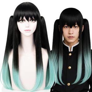 SL Muichirou Cosplay Wig for DS, Long Straight Black Green Wig Gradient Double Ponytais Anime Hair Pigtails Wigs with Cap for Halloween Costume Party