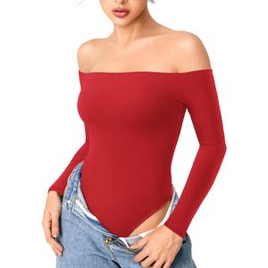 YEOREO Dacrly Strapless Bodysuit Long Sleeve Off Shoulder Leotard Double Lined Thong Bodycon Slim Fit Sexy Y2K Going Out Tops (Red) X