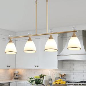4-Light Island Lights for Kitchen, Gold Modern Farmhouse Pendant Lighting with Conical Milky Glass & Crystal Balls, Adjustable Linear Hanging Chandelier for Dining Room Over Table