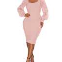 acelyn Sexy Ribbed Mesh Long Lantern Sleeve Bodycon Midi Dress Square Neck Party Clubwear Cocktai Formal Wrap Dresses Lightpink (Pink)